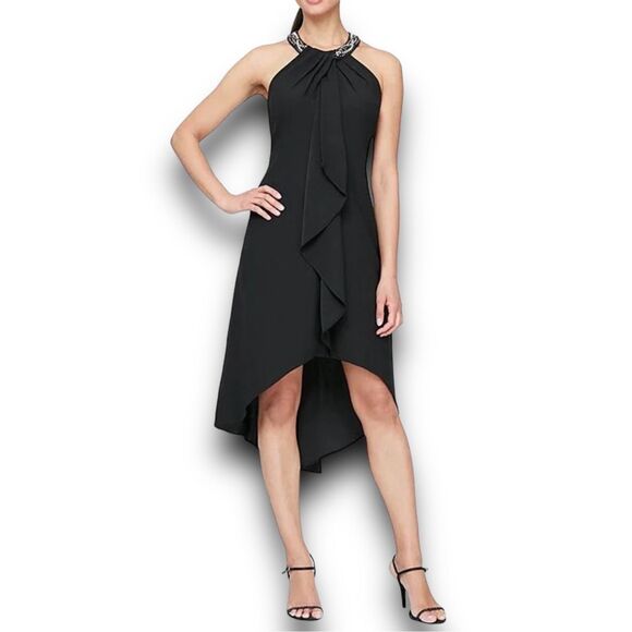 Ignite Evenings Petite Size Satin Back Crepe Beaded High-Low Halter Neck Sleevel - Picture 2 of 12